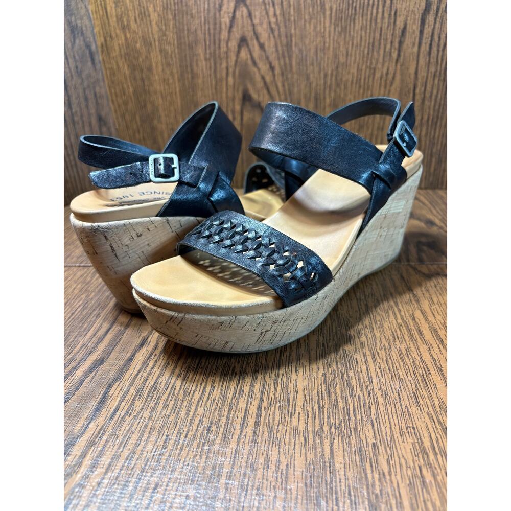 Kork-Ease Women's Austin Braid Wedge Sandals Black Leather Cork Size 8